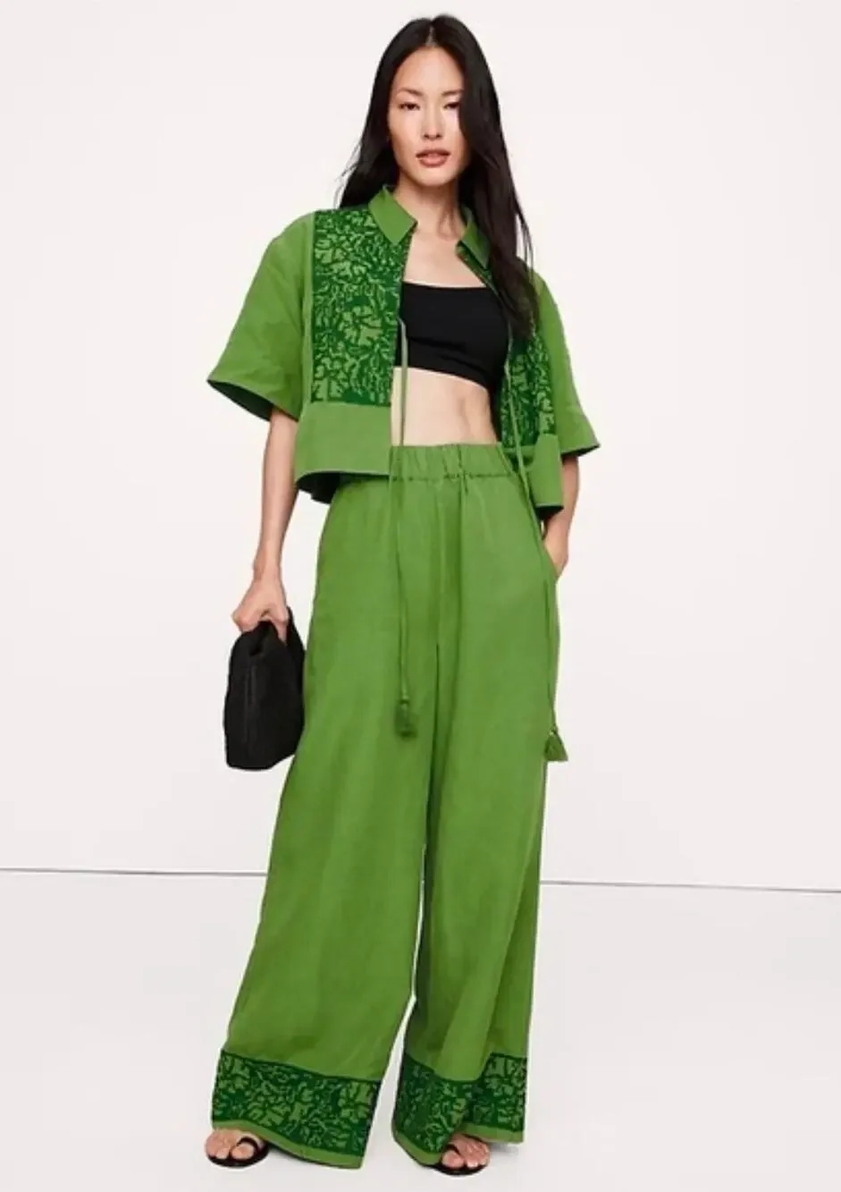 Banana Republic Green High Rise Wide Leg Embroidered Linen Pants, Women's M NWT
